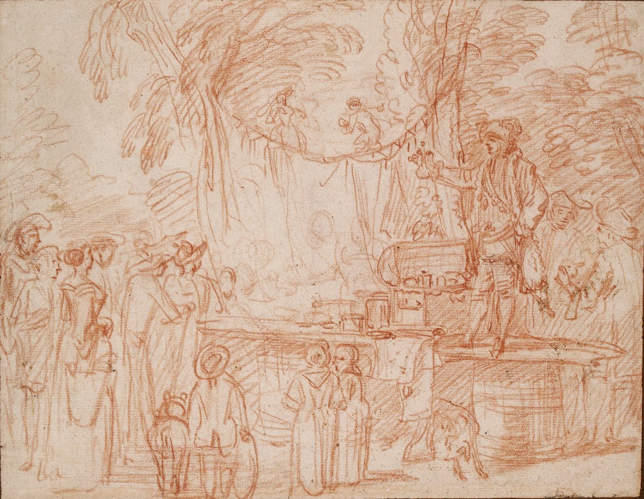 Quack Doctor árulja áruit a szabadban, c1700-1720 alkotó: Jean Antoine Watteau