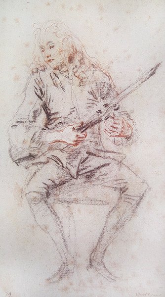 Ülő hegedűs, aki hangszerét forgatja; alkotó: Jean Antoine Watteau