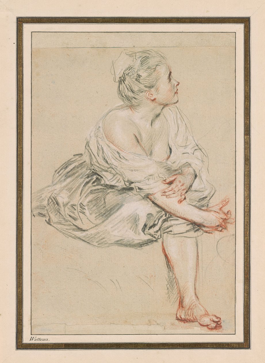 Ülő fiatal nő, c. 1716 (fekete, piros és fehér kréta papíron) alkotó: Jean Antoine Watteau