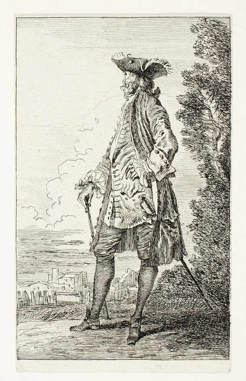 Álló férfi kalapos, balra néző, a Figures de Modes-ból alkotó: Jean Antoine Watteau