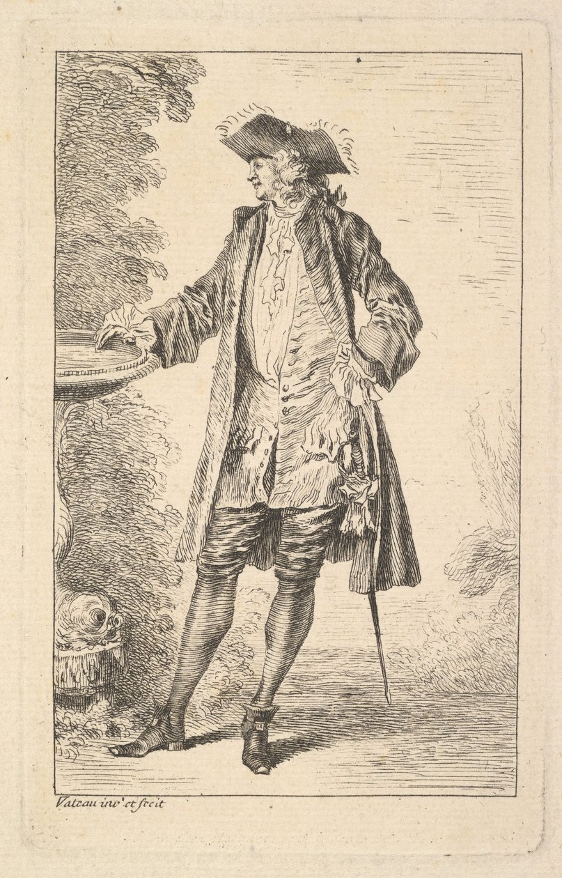 Álló férfi, jobb kezével egy medencén nyugszik, háromnegyedes nézetben..., kb. 1710. alkotó: Jean Antoine Watteau