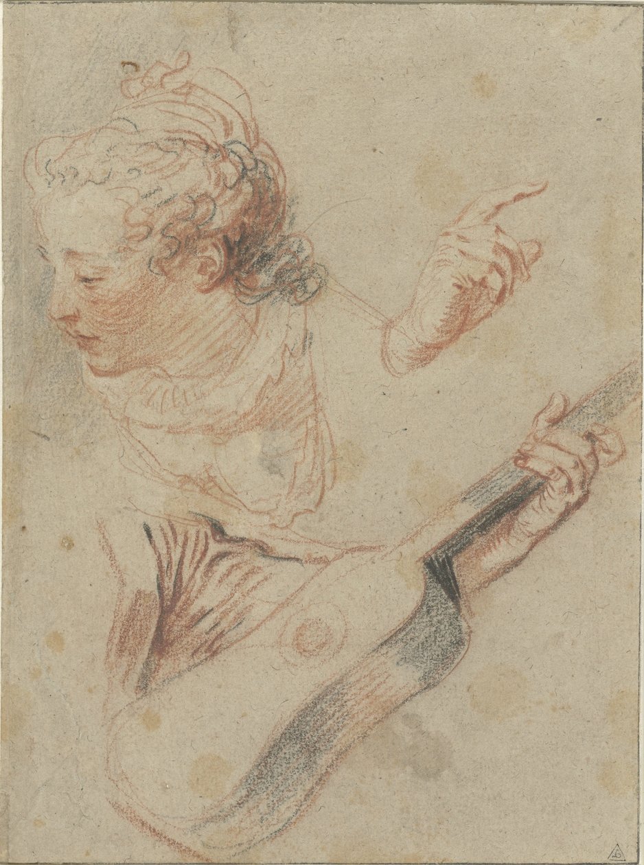 Tanulmányi lap lehajtott lányfejjel, gitárral és a rajtuk játszó kezekkel alkotó: Jean Antoine Watteau
