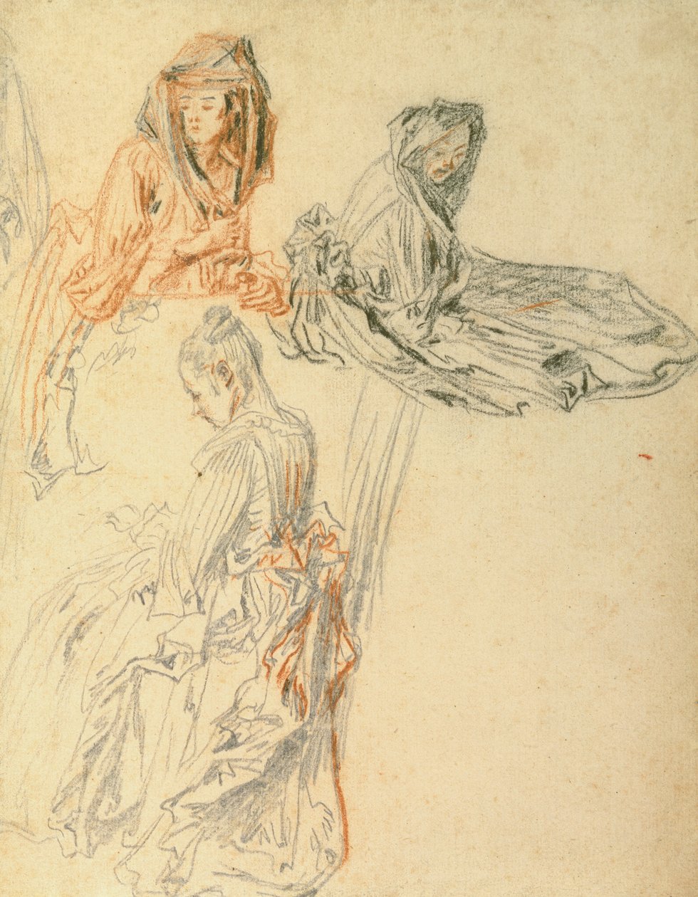 Tanulmányok három ülő nőről, 1716-1718 körül (kréta papíron) alkotó: Jean Antoine Watteau