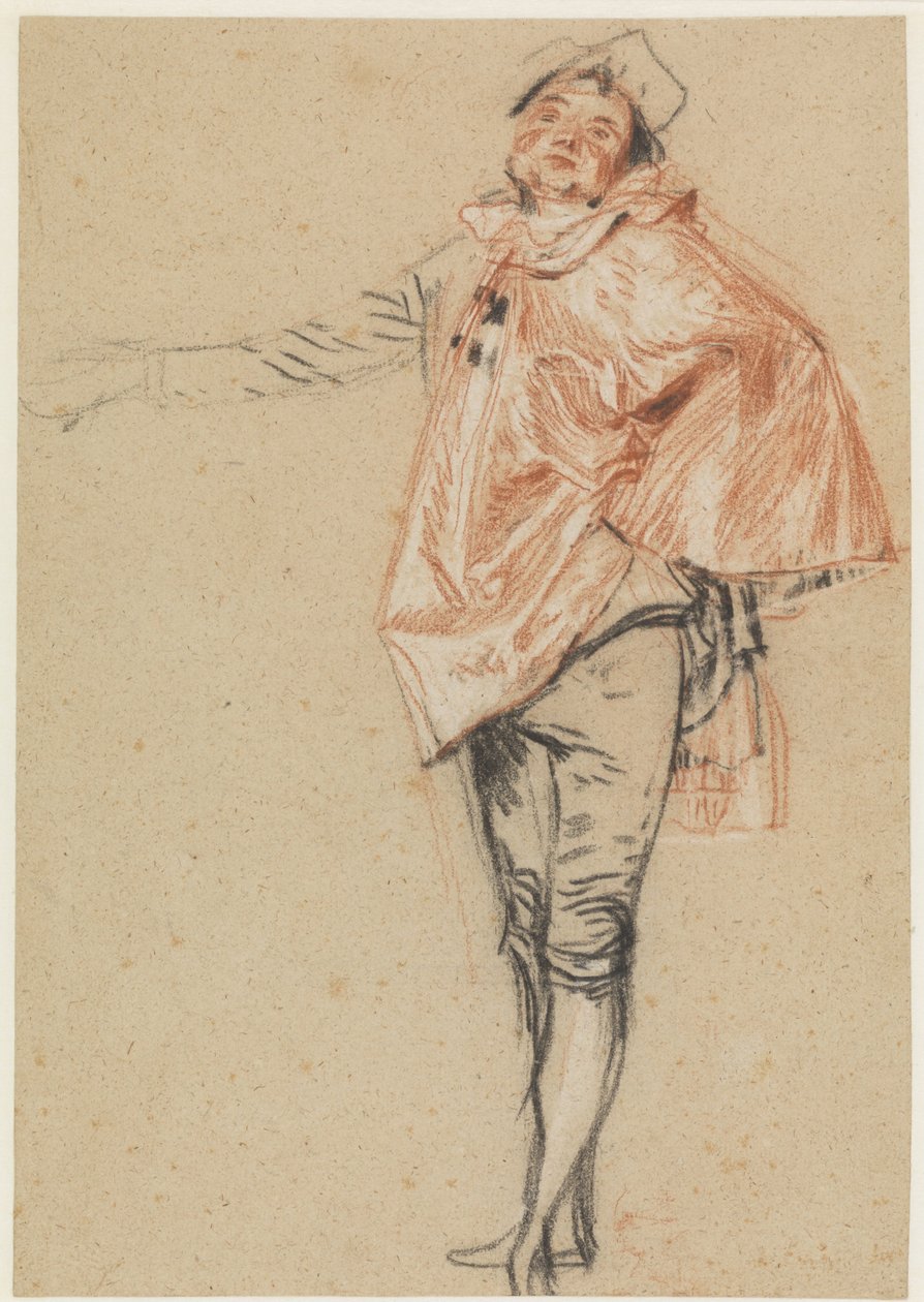 Álló táncosnő tanulmánya kinyújtott karral, 1710 körül (fekete, vörös és fehér kréta) alkotó: Jean Antoine Watteau