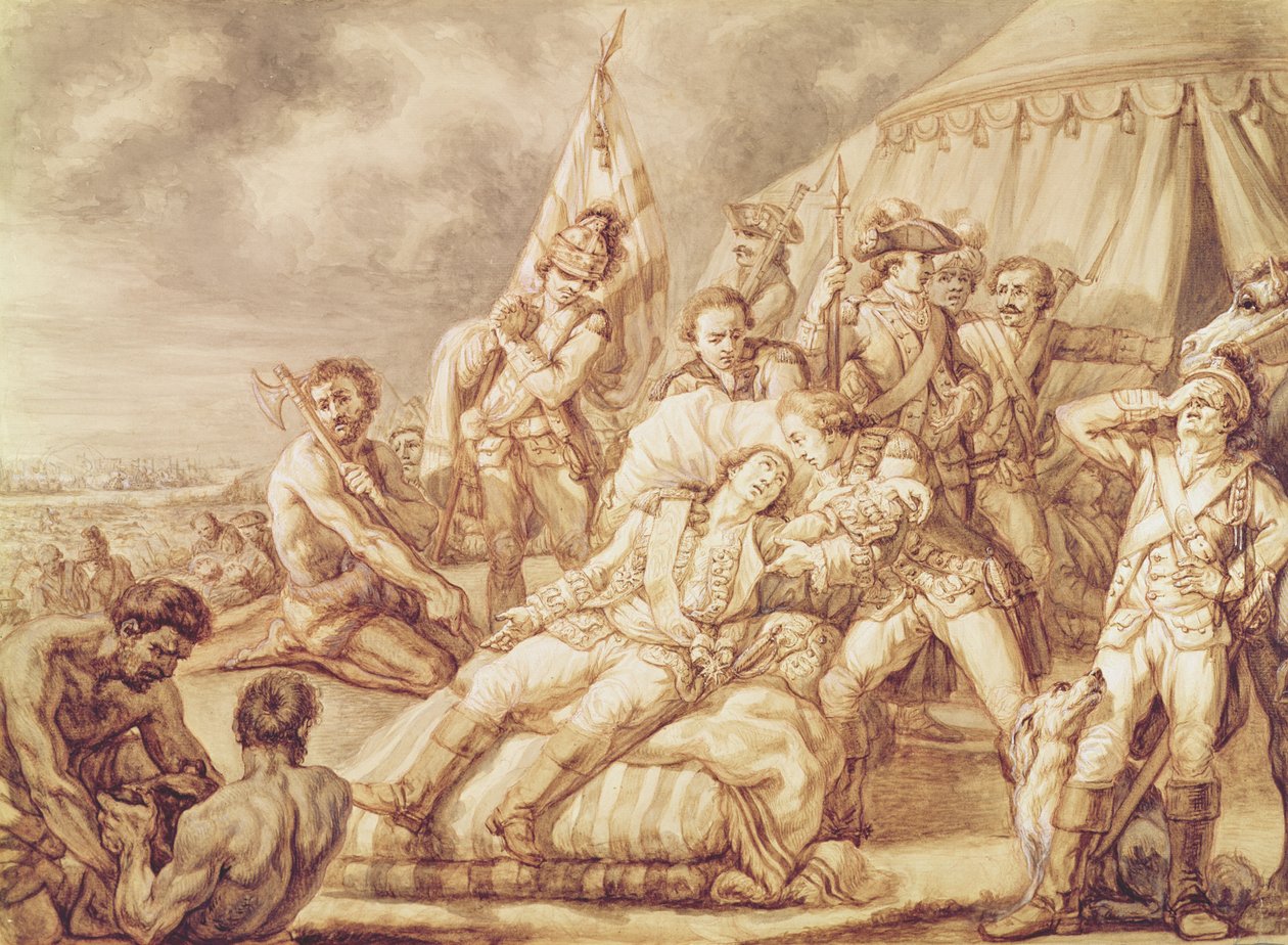 Montcalm de Saint-Veran márki halála (1712-59) (toll- és tintamosás testszínnel papíron) alkotó: Jean Antoine Watteau