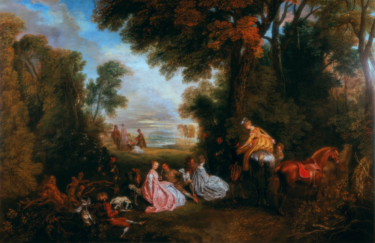 A megállás az üldözés közben, vadászat Rendez-vous, 1717-1720. alkotó: Jean Antoine Watteau