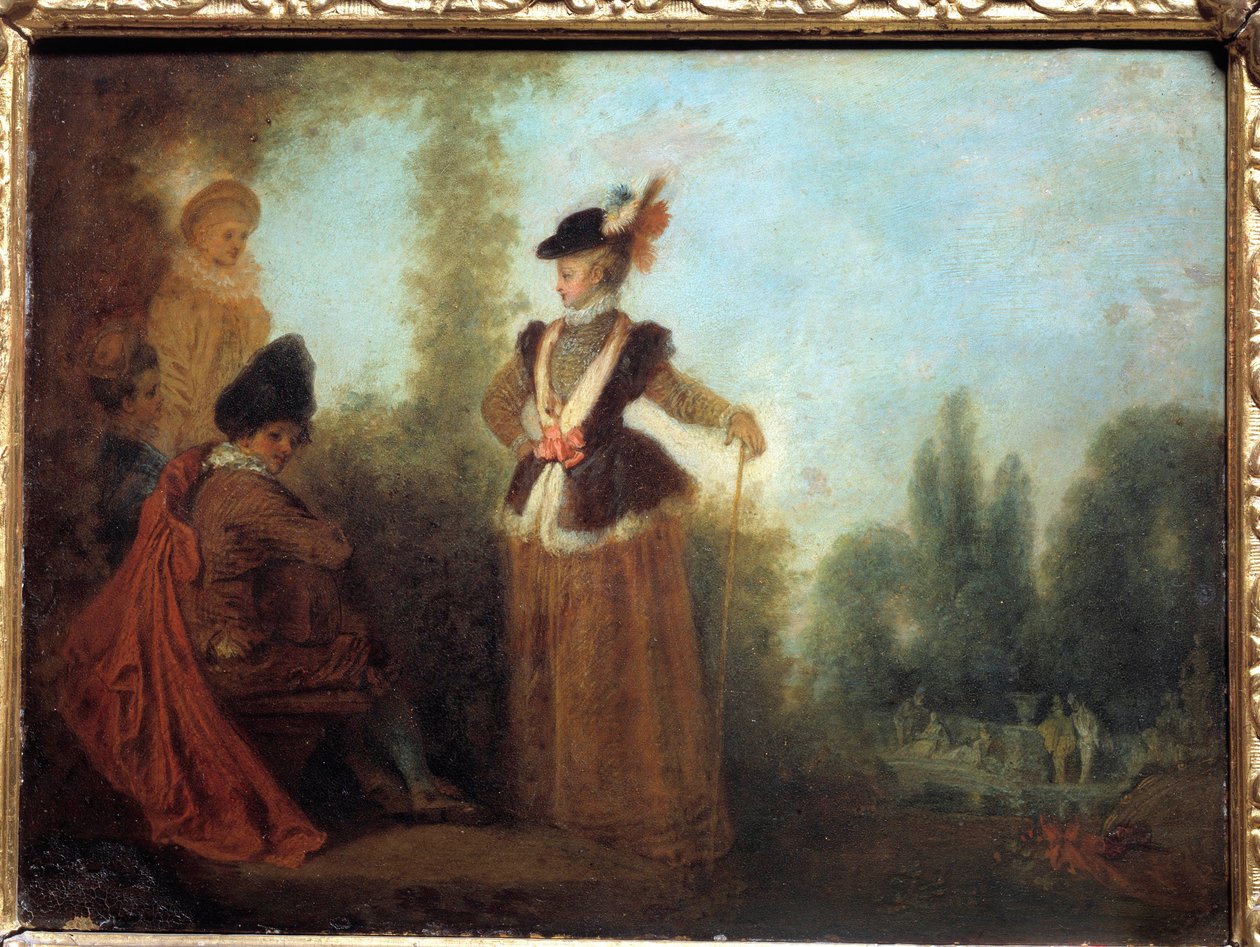 A kalandor Stílusos fiatal nő utazási öltözékben. Jean Antoine Watteau (1684-1721) festménye 18. századi Troyes musee des Beaux Arts alkotó: Jean Antoine Watteau
