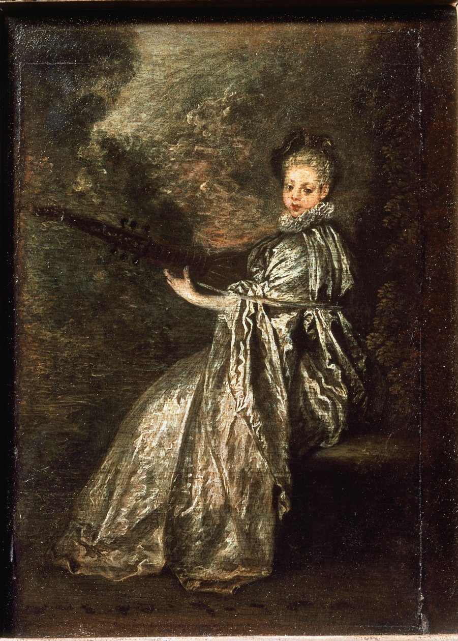 A finom lány egy vonós hangszeren játszik - olaj, vászon alkotó: Jean Antoine Watteau