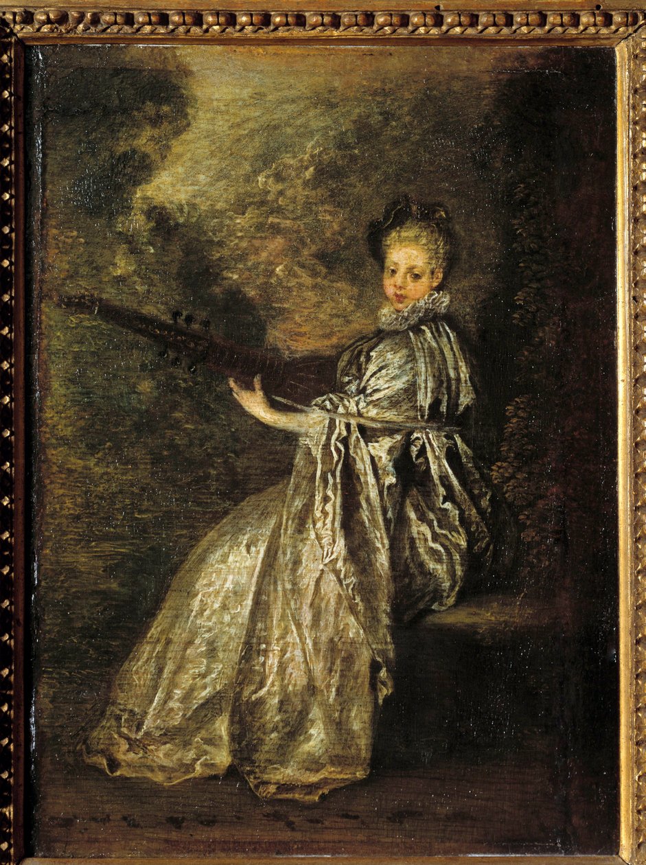 A finom lány egy vonós hangszeren játszik. Jean Antoine Watteau (1684-1721) festménye 18. század V. 0,25x0,19 m alkotó: Jean Antoine Watteau