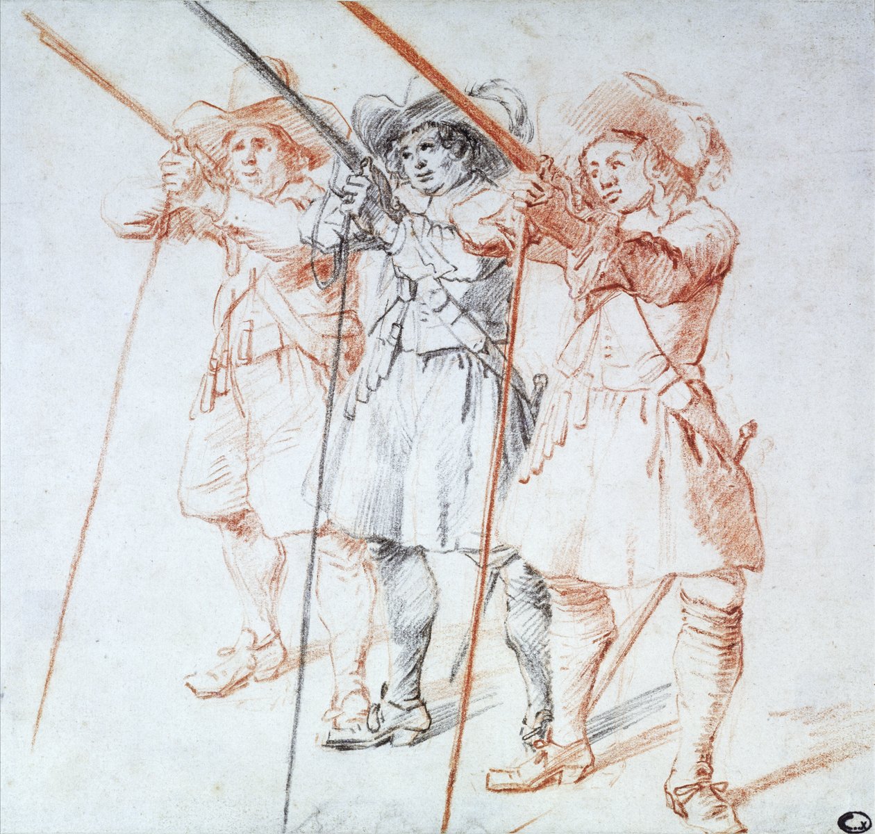 Három Arquebusier, 1712 (fekete-piros kréta papíron) alkotó: Jean Antoine Watteau