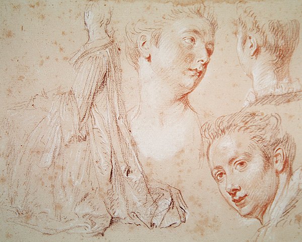 Három fej és egy ülő nő, 1716 körül (papírkréta fekete-piros krétával) alkotó: Jean Antoine Watteau