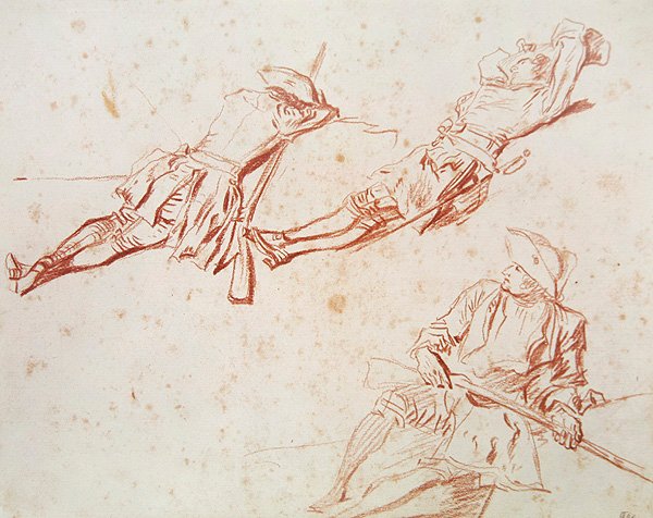 Három pihenő katona, 1709 (piros kréta papíron) alkotó: Jean Antoine Watteau