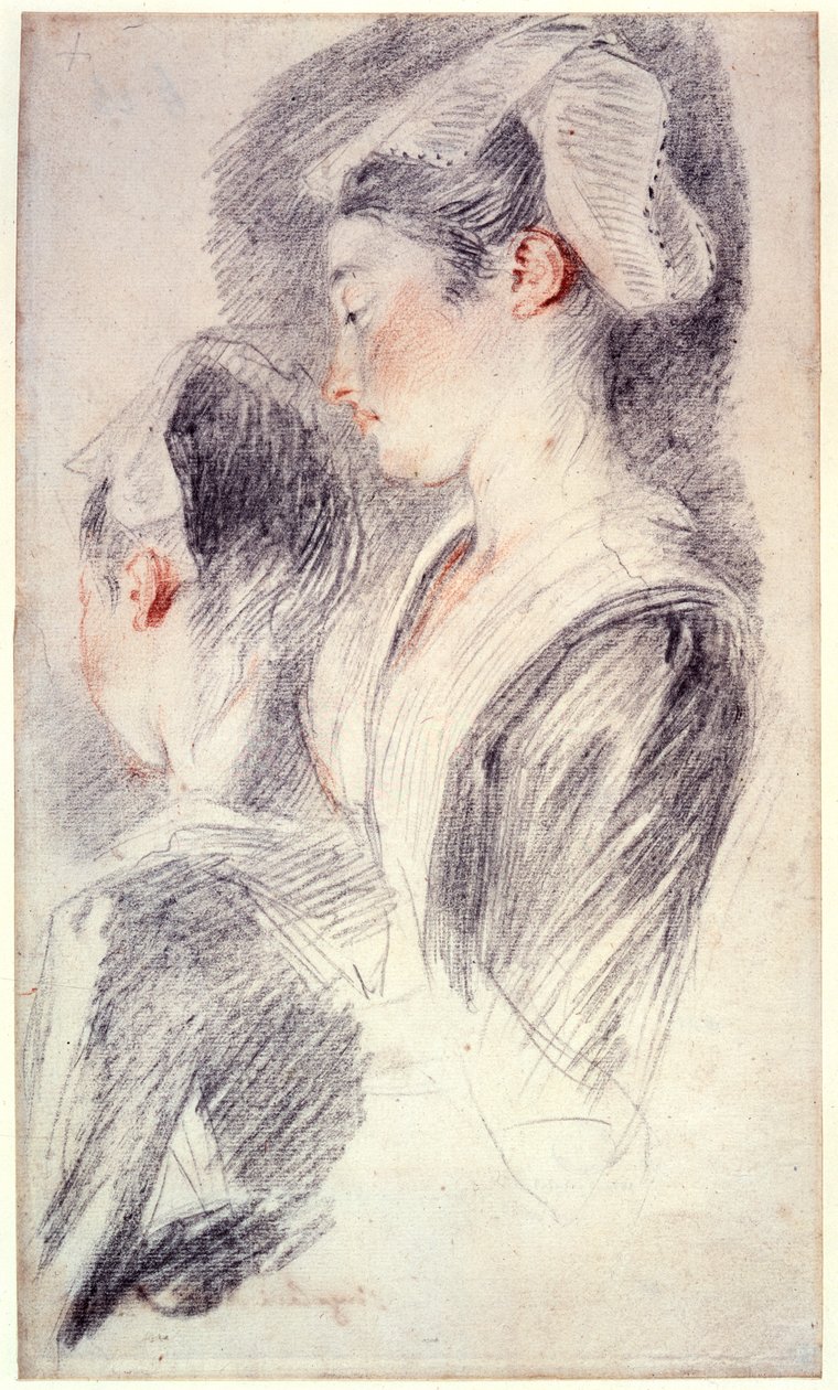 Két tanulmány egy fiatal nő fejéről, 1716-18 alkotó: Jean Antoine Watteau
