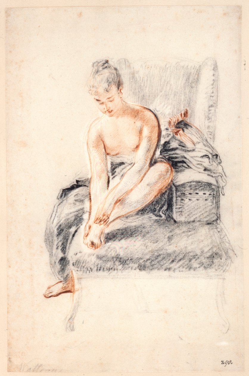 Fiatal nő, meztelen, egyik lábát a kezében tartja, 1716-18. alkotó: Jean Antoine Watteau