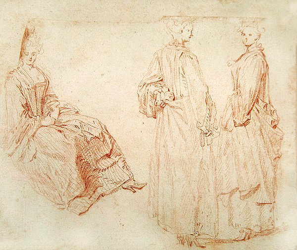 Három nő, az egyik balra ül (vörös kréta, papír) alkotó: Jean Antoine Watteau