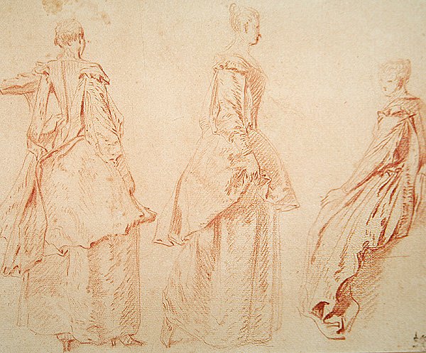 Három nő, egy ül a jobb oldalon (piros kréta papíron) alkotó: Jean Antoine Watteau