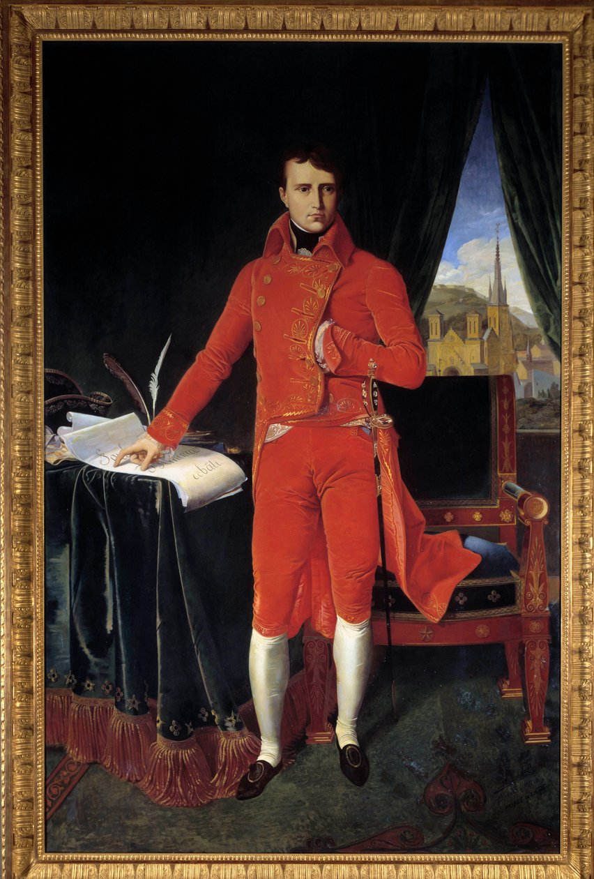 Bonaparte Napóleon (1769-1821) egészalakos portréja Joseph Pel első konzul festménye Jean-Auguste-Dominique Ingres (Jean Auguste Dominique) (1780-1867) nyomán 1929 V. 1,2x2,2 m. Malmaison, Kastélymúzeum Figyelem! Ennek a műnek a felhasználása tárgya lehet alkotó: Jean Auguste Dominique (after) Ingres