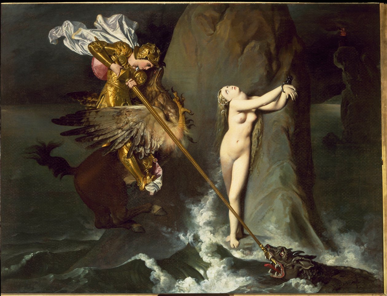 Angelicát Roger (Ruggero, Ruggiero) felszabadítja: Vízilón lovagol (Ludovico Ariosto: Furious Orlandóból) - olaj, vászon alkotó: Jean Auguste Dominique Ingres