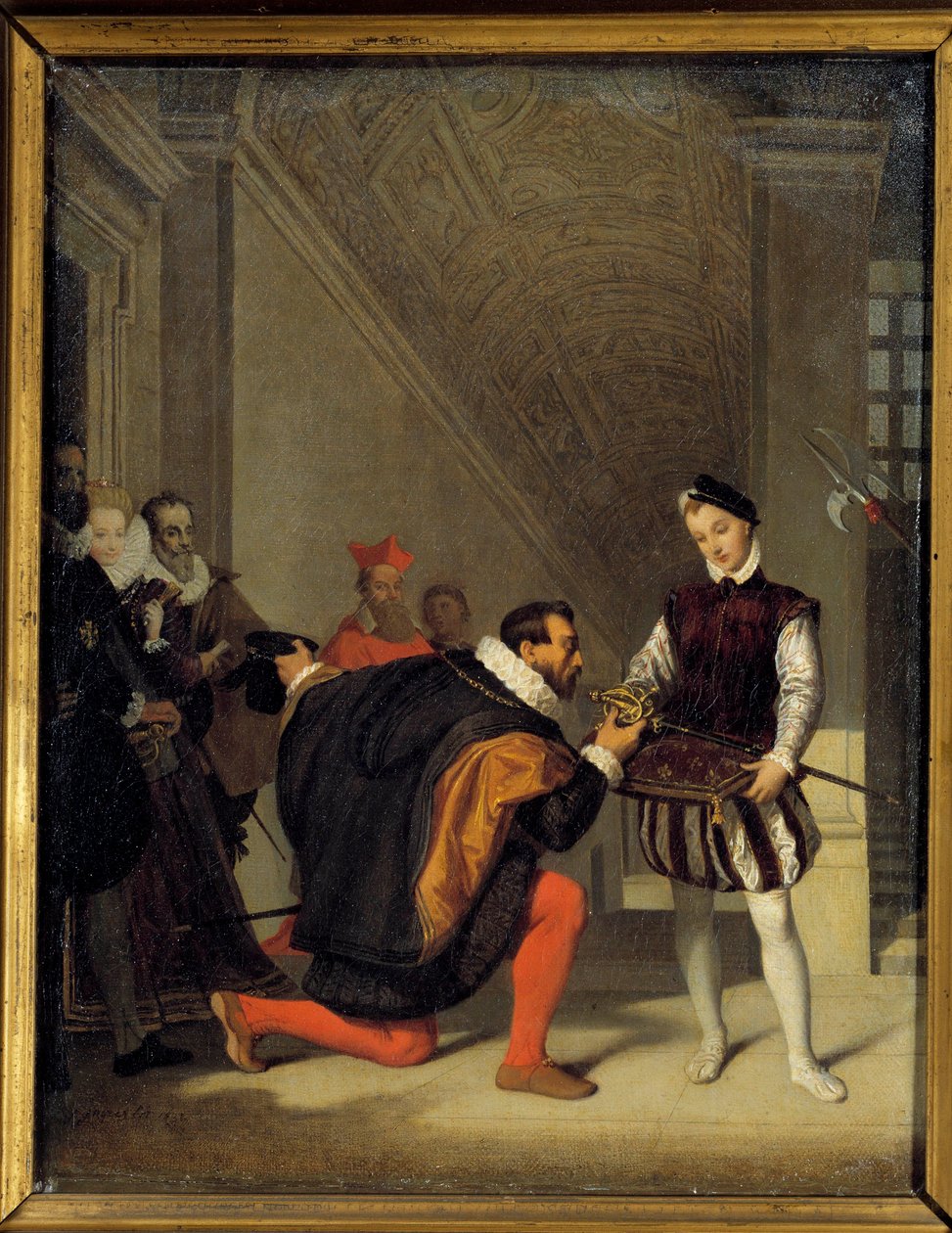 Don pedro de Toledo, II. Fülöp nagykövete, aki megcsókolja IV. Henrik kardját (1553-1610). Henri II lépcsőház a Louvre-ban. Jean Auguste Dominique Ingres (1780-1867) festménye 19. század V. 0,36x0,28 m - Don Pedro de Toledo, II. Philippe nagykövete, alkotó: Jean Auguste Dominique Ingres