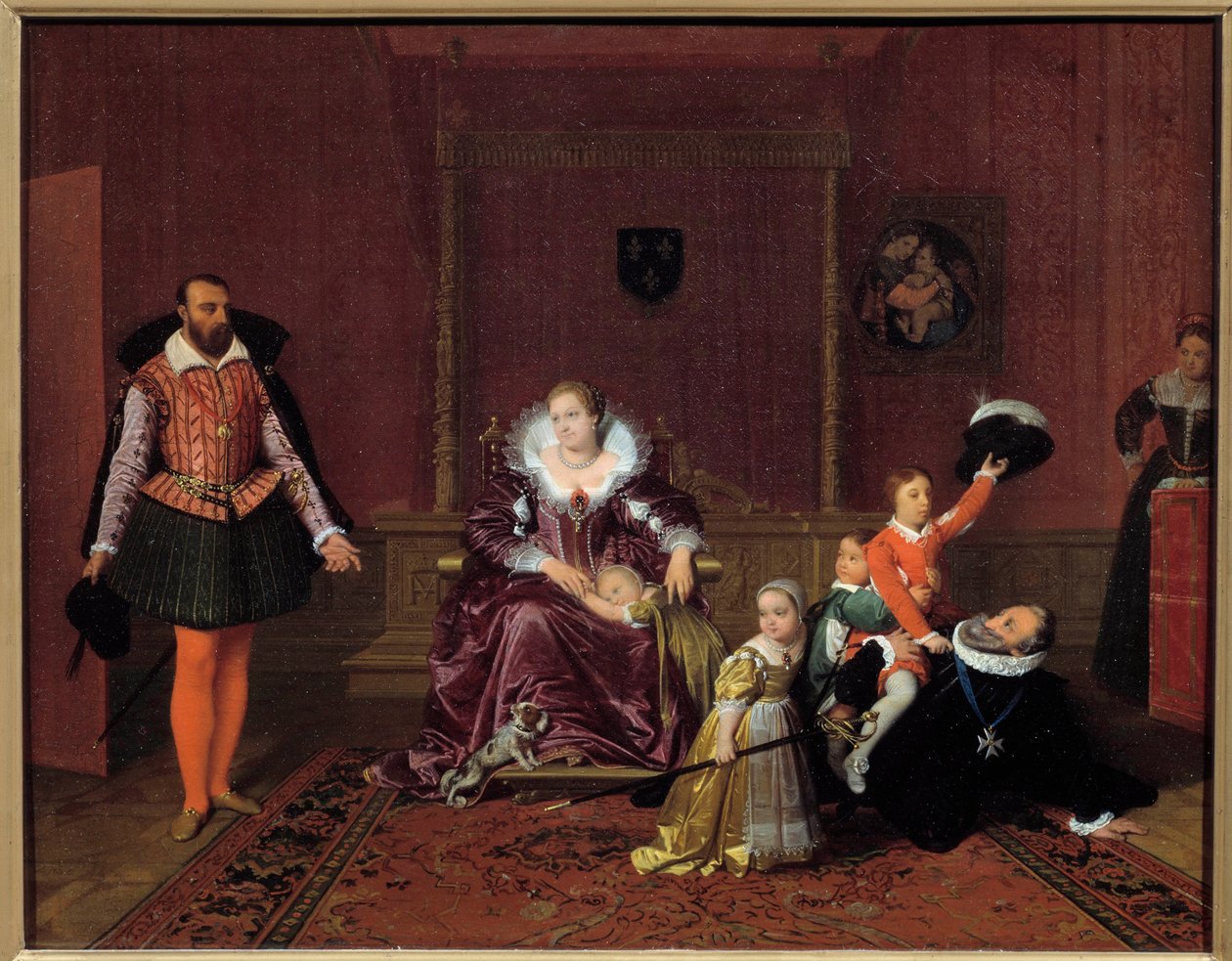 IV. Henrik francia király (1553-1610) gyermekeivel játszik a spanyol nagykövet előtt Középen, Medicis Mária királyné, a gyerekek XIII. Lajos, francia Erzsébet, francia Krisztina és Miklós. Jean Auguste Dominique festménye Ing alkotó: Jean Auguste Dominique Ingres