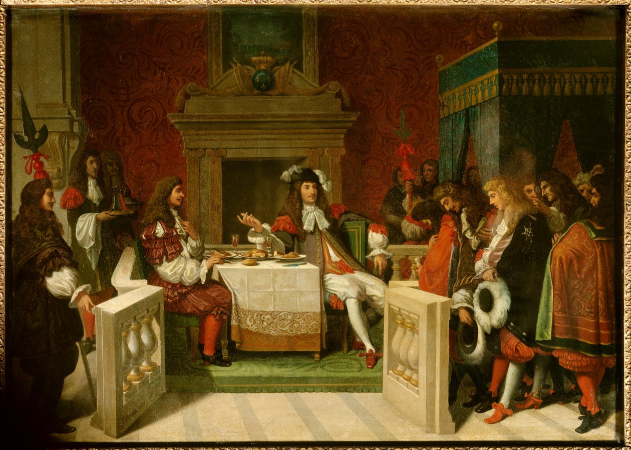 XIV. Lajos és Moliere: XIV. Lajos király (1638-1715) és Jean Baptiste Poquelin dit Moliere (1622-1673) asztalnál az udvaroncok előtt. Jean Auguste Dominique Ingres (1780-1867) festménye alkotó: Jean Auguste Dominique Ingres