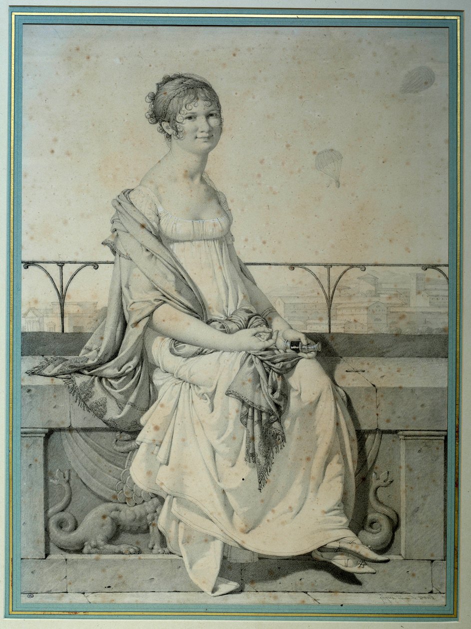 Barbara Bansi kisasszony portréja ül egy olasz tájon. Jean Auguste Dominique Ingres (1780-1867) rajza alkotó: Jean Auguste Dominique Ingres