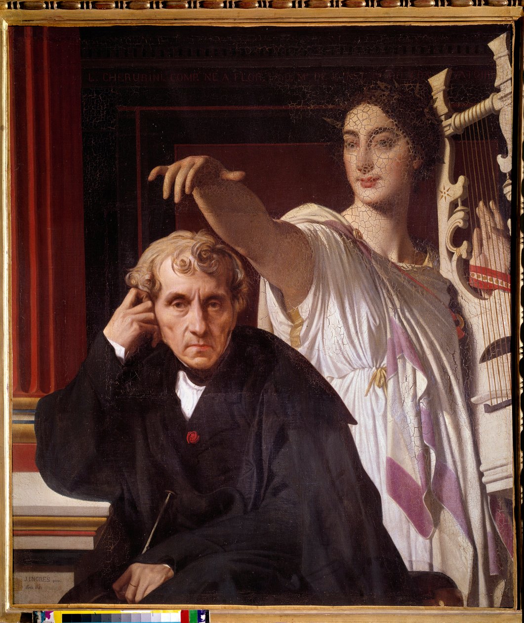 Luigi Cherubini (1760-1842) olasz zeneszerző portréja a lírai költészet múzsájával. Jean Dominique Ingres (1780-1867) festménye alkotó: Jean Auguste Dominique Ingres