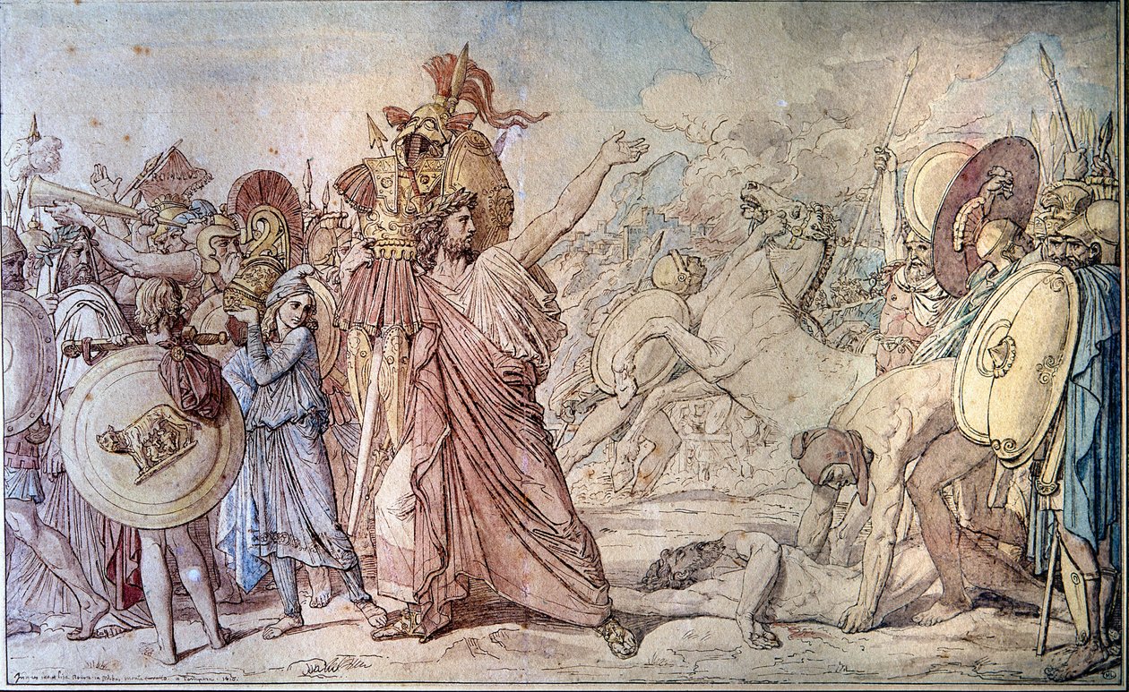 Romulus elhozza Jupiter (Zeusz) templomába Acron fegyvereit, amelyeket most legyőzött - Jean Auguste Dominique Ingres (1780 - 1867) festménye - Párizs, Ecole des Beaux Arts alkotó: Jean Auguste Dominique Ingres