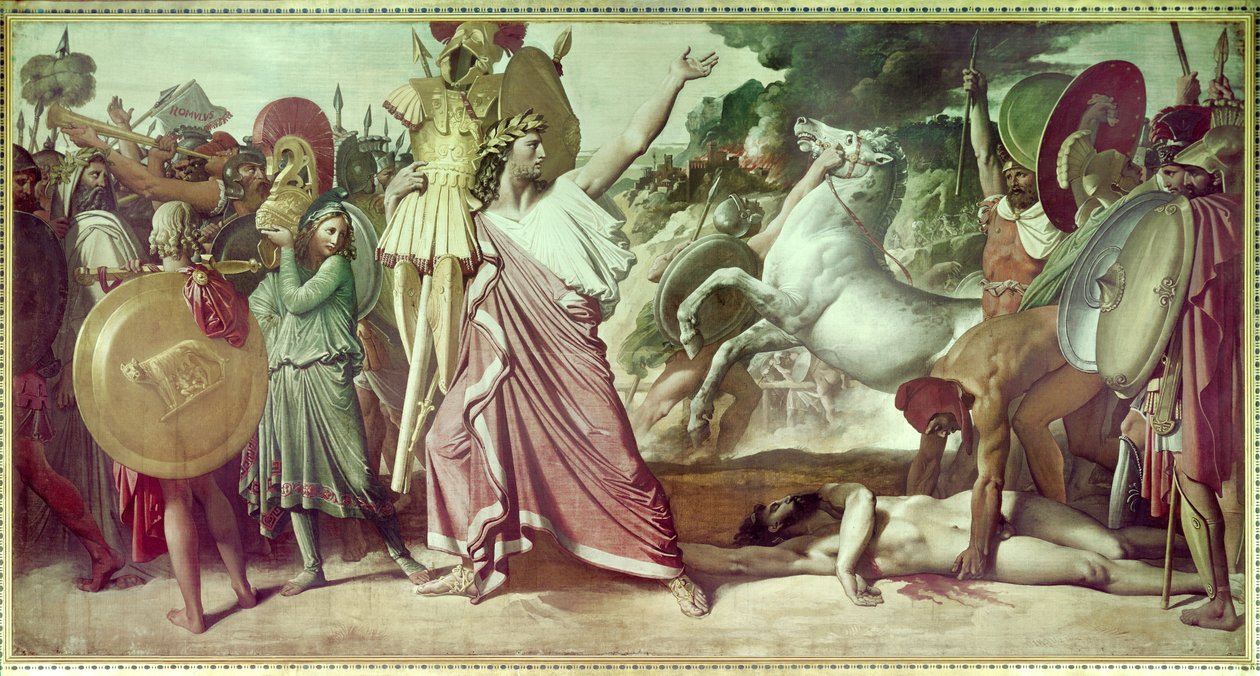Romulus victor of Acron viszi az opimita maradványokat Jupiter templomába Róma alapítója Romulus (Romolo) Kr.e. 748-ban legyőzte Acront, a Ceninians királyát. Jean Auguste Dominique Ingres (1780-1867) festménye 1812 Párizs, Ecole des beaux arts. alkotó: Jean Auguste Dominique Ingres