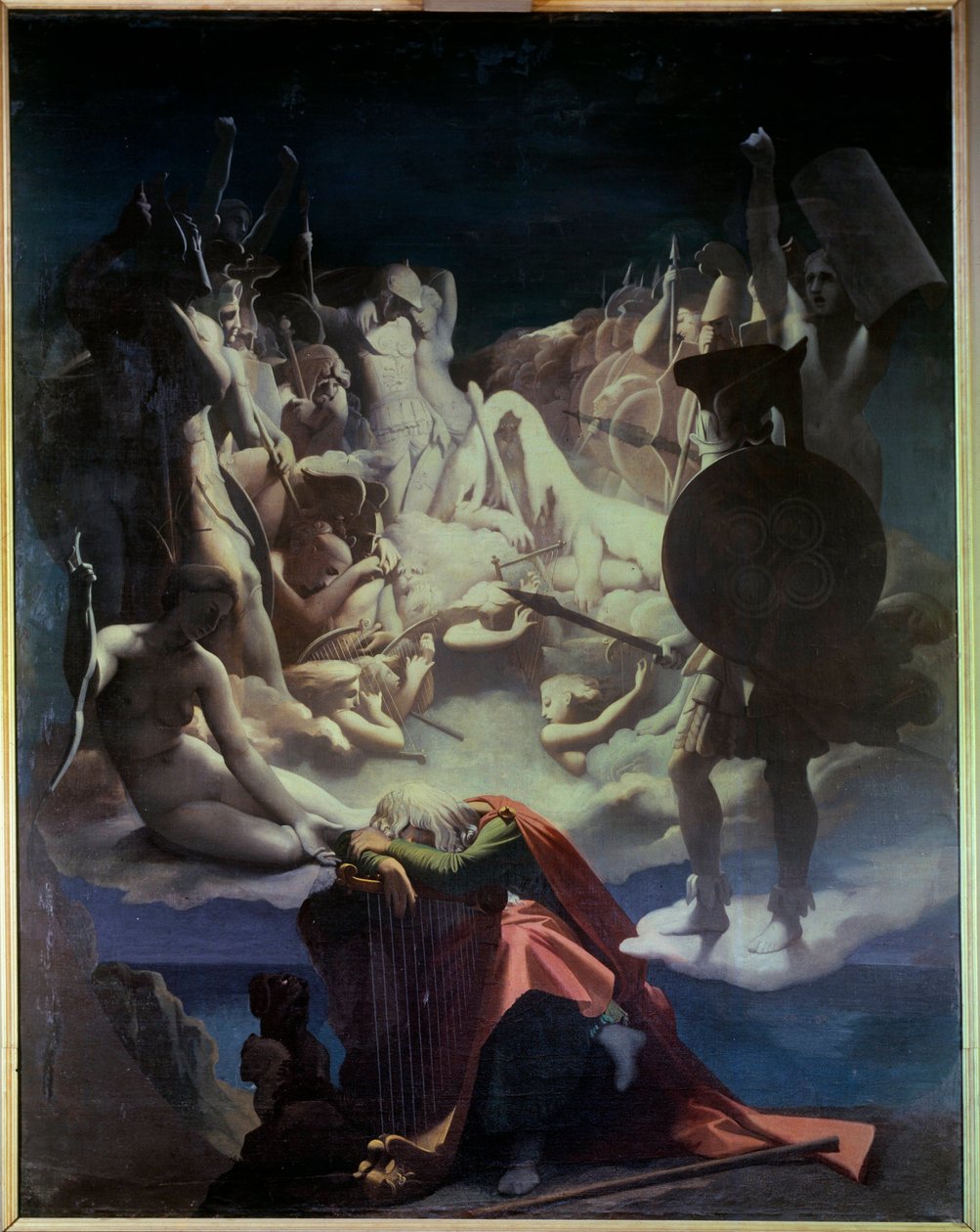 Ossian álma Jean Francois (Jean-Francois) Le Sueur (Lesueur) (1760-1837) „Oszián vagy a bárdok” című operájának illusztrációja, a bárd Ossian a 3. század skót költője volt, akit Napóleon olvasott. lírán alvó képviselő, behi alkotó: Jean Auguste Dominique Ingres