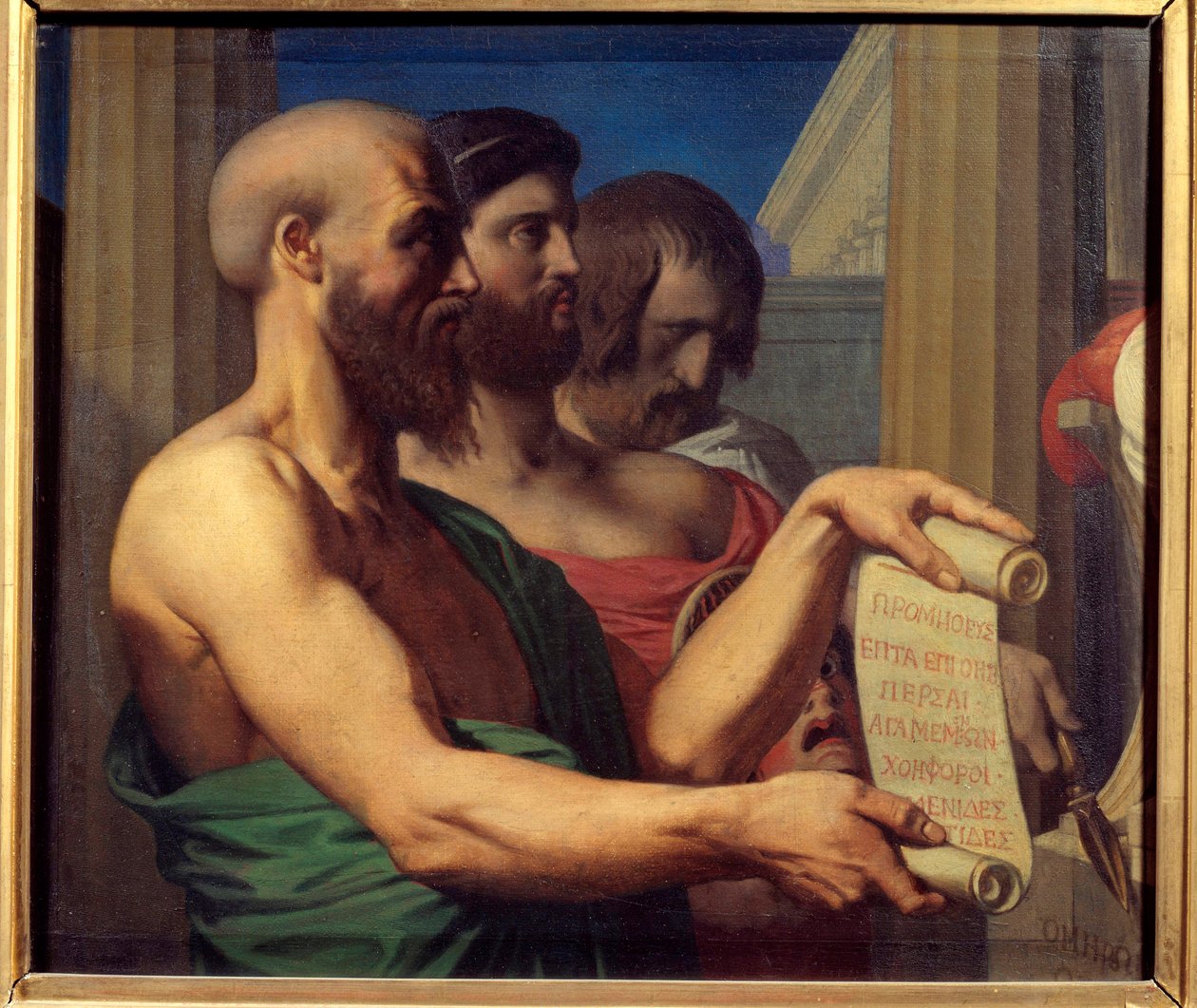 Aschylos (i.e. 525-456), Szophoklész (i.e. 495-406) és Euripidész (i.e. 480-406) tragikus görög portréi. Jean Auguste Dominique Ingres (1780-1867) festménye, 1866 Angers, Musee des Beaux Arts alkotó: Jean Auguste Dominique Ingres