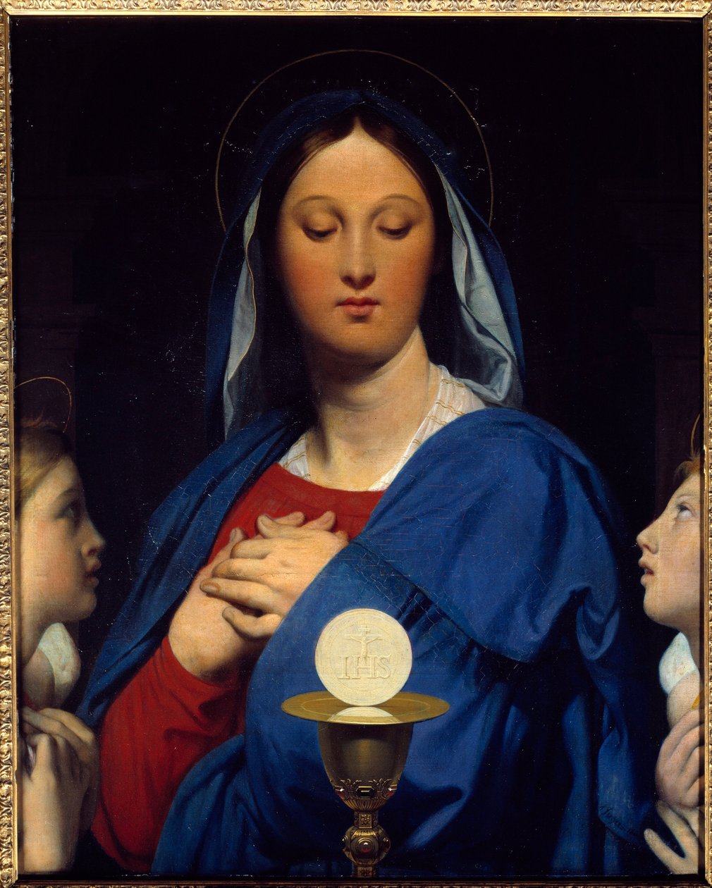 A szűznek van gazdája. A közösség szimbólumai: Az Eucharisztia tárgya (a sereg mint Krisztus teste és a kehely bora mint az ő vére). Jean Auguste Dominique Ingres (1780-1867) festménye alkotó: Jean Auguste Dominique Ingres