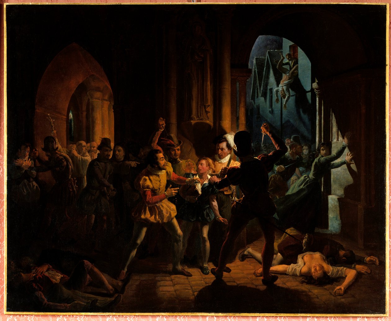 Bethune-i Maximilian megszökik Saint Barthelemy mészárlása elől. Bethune-i Maximilian (aki Sully hercege lett 1559-1641-ben), a párizsi burgundiai főiskolán nevelkedett, Navarrai Henrik (1553-1610) (akkori IV. Henrik király) megmentette, és társa lett. alkotó: Jean Auguste Dubouloz