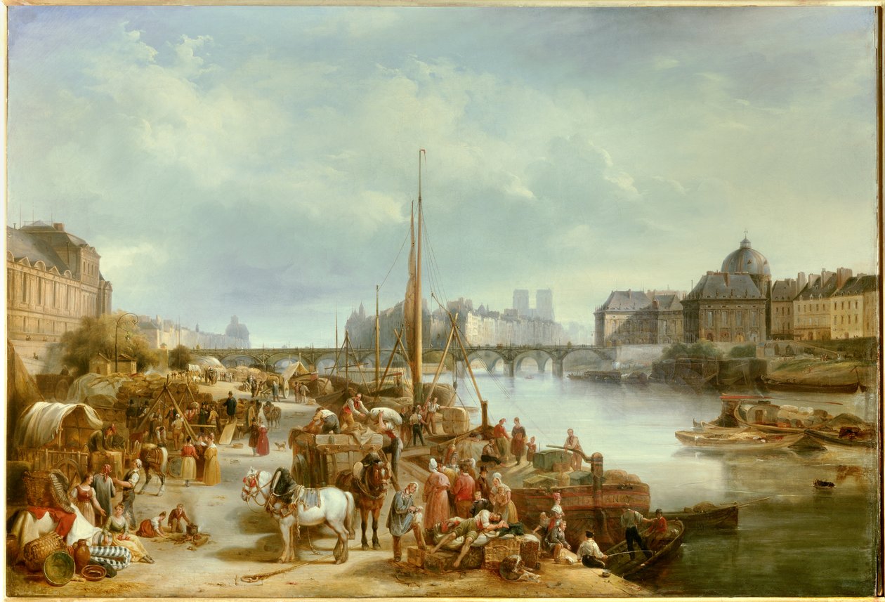 Kilátás a Saint Nicolas kikötőre A párizsi Pont Neuf közelében található. Jean Auguste Garneray (1778-1845) festménye 1834 V. 0,8x1,18 m Párizs, Musee Carnavalet alkotó: Jean Auguste Garneray