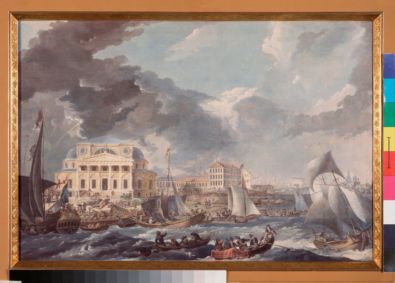 Vue de la Bourse a Saint Petersburg (a szentpétervári tőzsde látképe) – Jean Balthazard de la Traverse munkája (18. század második fele), akvarell és gouache papíron alkotó: Jean Balthazard de la Traverse