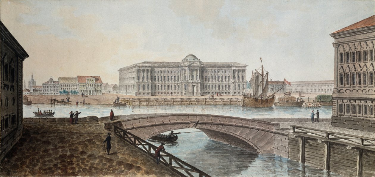 A képzőművészeti akadémia látképe a szentpétervári Néva felől – Jean Balthazard de la Traverse munkája (18. század második fele), akvarell és gouache papíron, 1790 vége, alkotó: Jean Balthazard de la Traverse