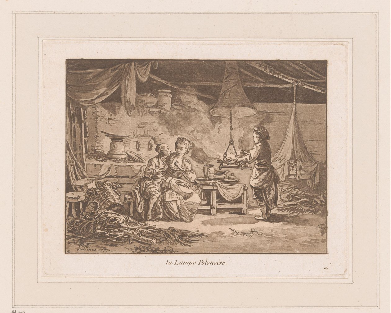Egy pajta belseje, két figurával a padon és egy emberrel a tűz mellett Lampe Polonoise (cím a tárgyon) alkotó: Jean Baptist Leprince