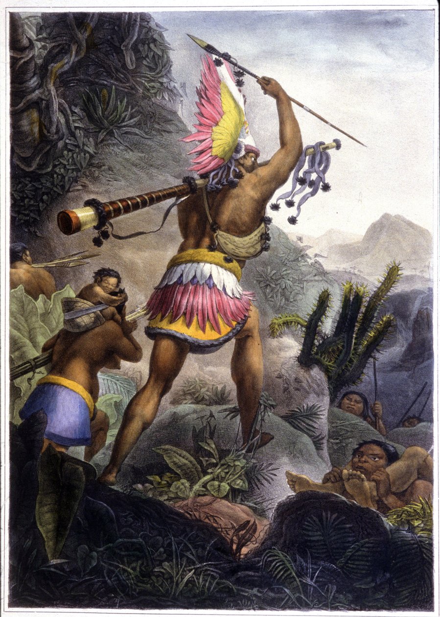 Egy coroado indián, aki jelet ad a nyugdíjba vonulásért, 1839 (színes litó) alkotó: Jean Baptiste (after) Debret