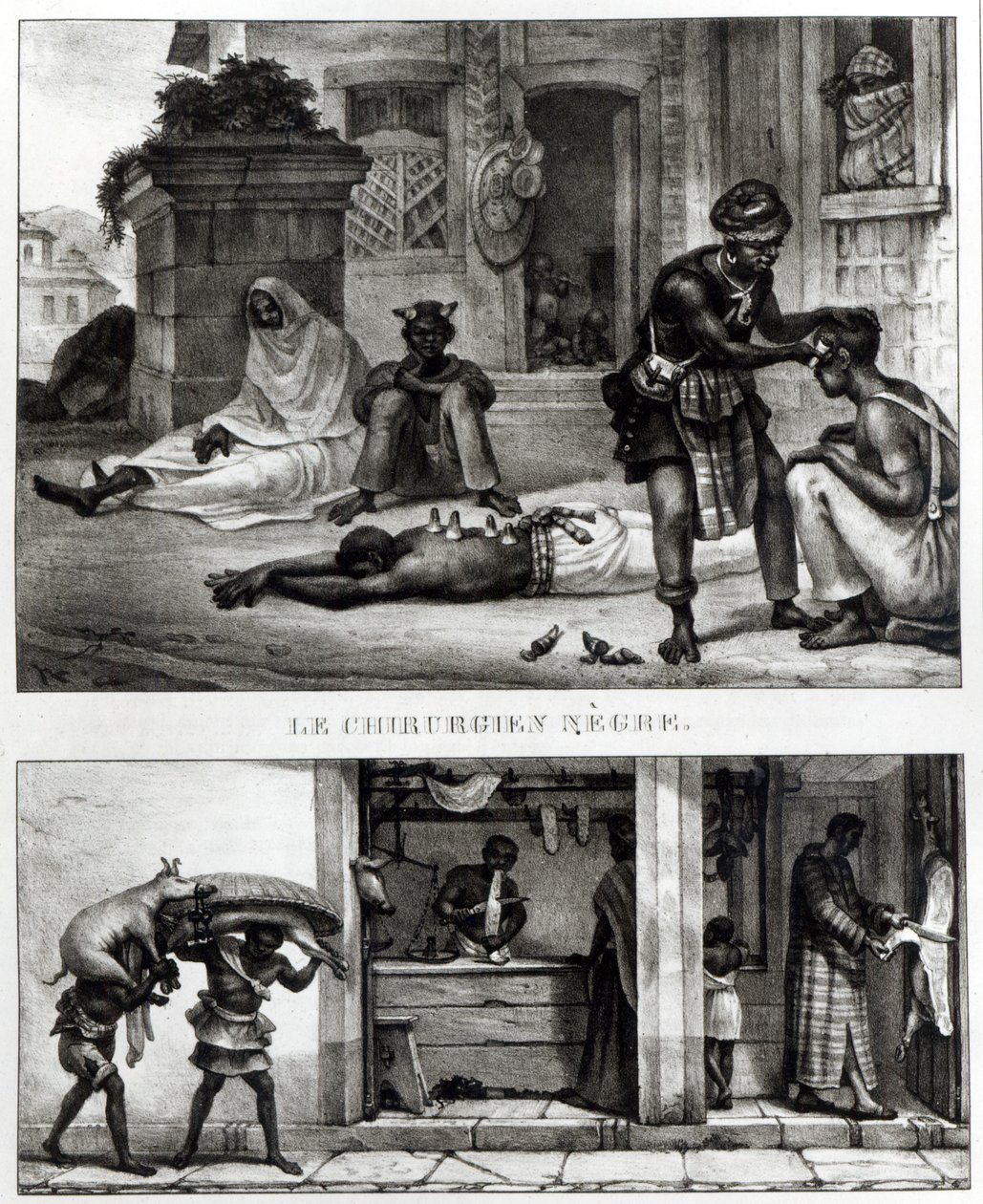 Egy fekete sebész; Sertéshús eladó üzlete (litho) (f/w fotó) alkotó: Jean Baptiste (after) Debret