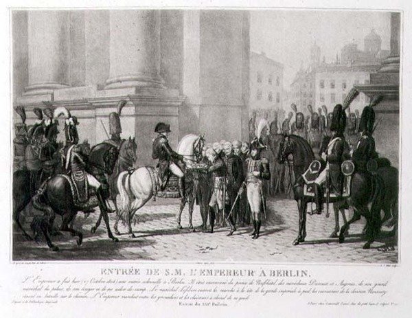 Napóleon belépése Berlinbe 1806 októberében, vésette Louis Jean Allais (1762-1833) (litho) alkotó: Jean Baptiste (after) Debret