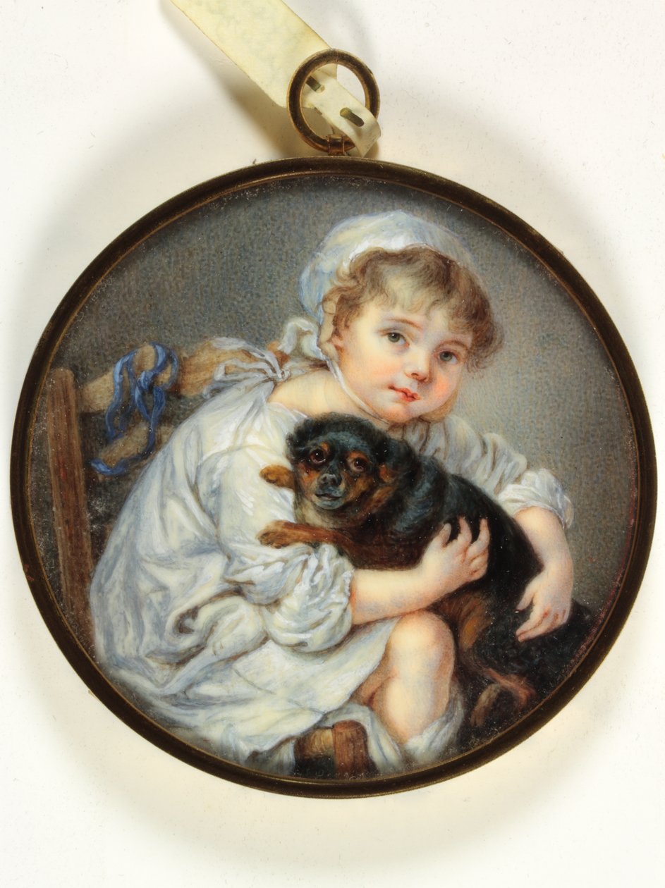 A kislány kutyával (zománc) alkotó: Jean Baptiste (after) Greuze