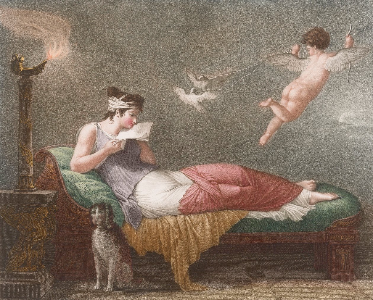 Ámor szerelmes levelet kézbesít. 19. század (nyomtatott) alkotó: Jean Baptiste (after) Mallet