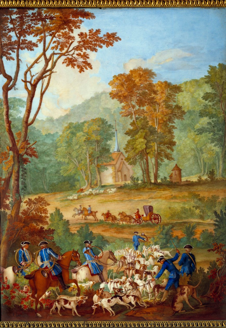 XVI. Lajos (1754-1793) vadászatait ábrázoló emléktábla: „A közönséges kutyák falkája a compiegne-i erdőbe találkozóra”” Philippe Castel (kb. 1746-1797) porcelánfestménye, Jean Baptiste Oudry (1686-1755) ) 1778-1781 Dim. 0,39x0,49 m alkotó: Jean Baptiste (after) Oudry