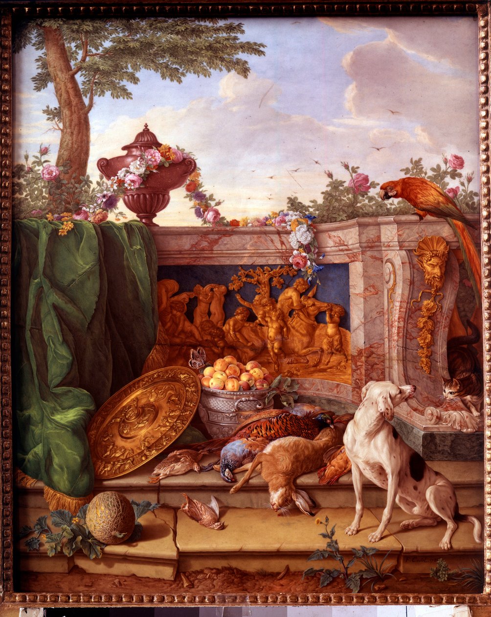 XVI. Lajos (1754-1793) vadászatait ábrázoló emléktábla: egy kutyatartó vadat ábrázoló részlet. Philippe Castel (kb. 1746-1797) porcelánfestménye Jean Baptiste Oudry (1686-1755) 1778-1781 V. 0,39x0,49 m Versailles, musee du chateau. alkotó: Jean Baptiste (after) Oudry