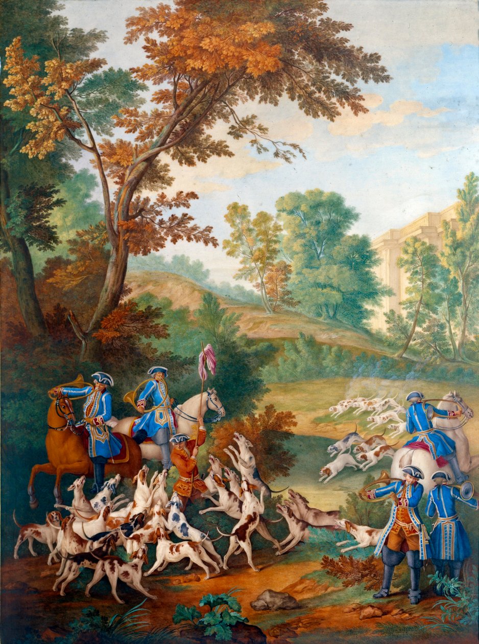 XVI. Lajos (1754-1793) vadászatait ábrázoló tányér: „” fiatal kutyák kis kúrája vagy fórum a kúra végén”” Philippe Castel (kb. 1746-1797) porcelánfestménye, Jean Baptiste Oudry ( 1686-1755) 1778-1781 V. 0,39x0,49 m alkotó: Jean Baptiste (after) Oudry