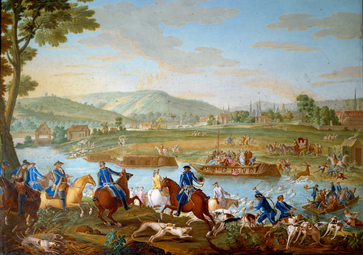 XVI. Lajos vadászatait ábrázoló emléktábla: a szarvas áthalad az Oise mellett Royallieu partjaitól Compiegne városának látóterében. Nicolas Pierre Pithou l