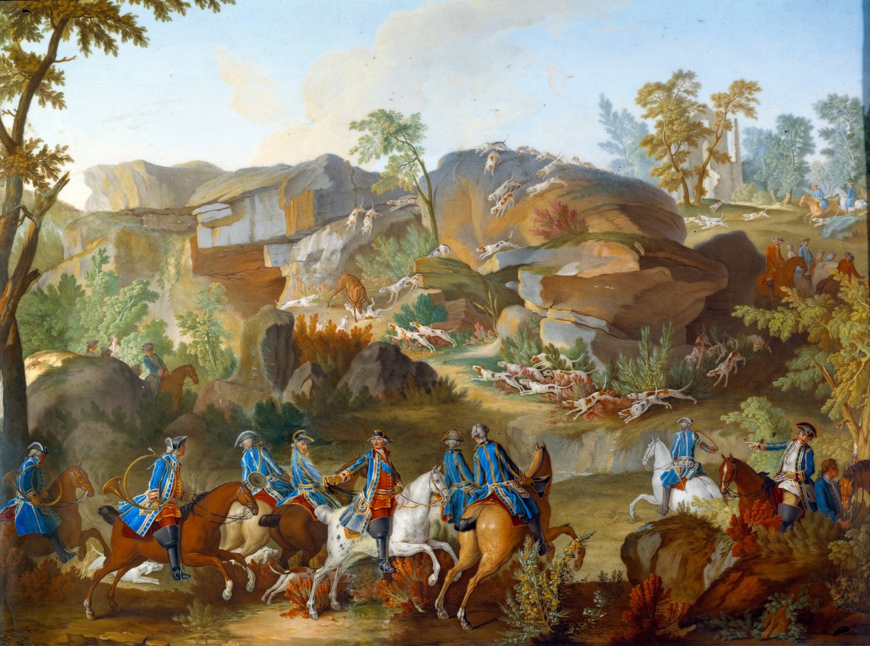 XVI. Lajos vadászatait ábrázoló emléktábla: a szarvas, amely a kutyákhoz tartja magát Frauchard szikláiban a compiegne-i erdőben. Nicolas Pierre Pithou l