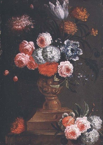 Tulipánok, körömvirágok, viburnum, nefelejcsek, rózsák és más virágok az urnában alkotó: Jean Baptiste (attr. to) Bosschaert