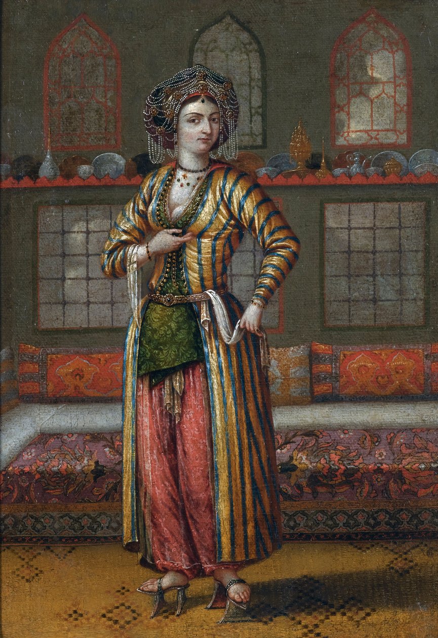""Egy konstantinápolyi nemességből származó nő portréja hammam cipőben"" (Egy nemes konstantinápolyi hölgy hammam cipőben) Festmény Jean Baptiste Vanmour iskolájából (Van Mour) Olaj, vászon, 25,5x18 - Magángyűjtemény alkotó: Jean Baptiste (circle of) Vanmour
