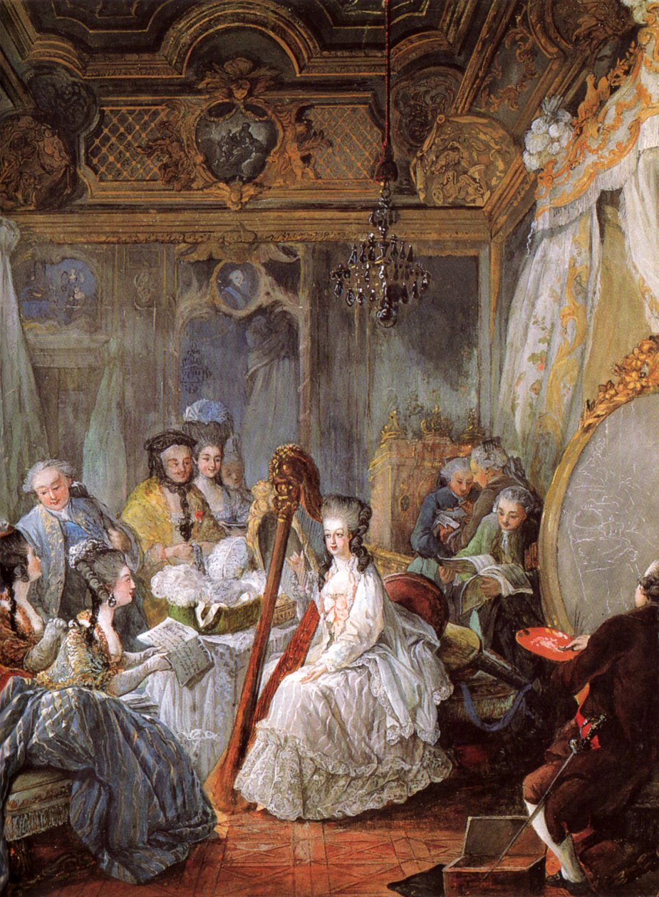 Francia: Jean-Baptiste-André Gautier-Dagoty portraiturant la Reine dans sa chambre Marie Antoinette hárfázik a francia udvarban. alkotó: Jean Baptiste André Gautier Dagoty